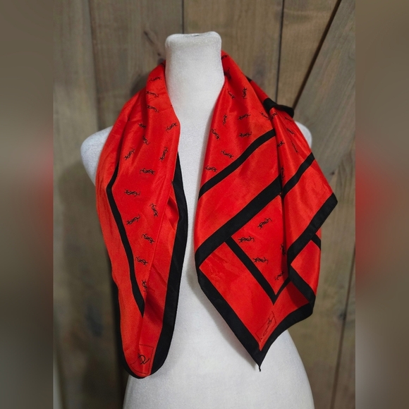 YVES SAINT LAURENT YSL Vintage Large Silk Scarf Signed Logo Red/Black.34" Square - Picture 10 of 11